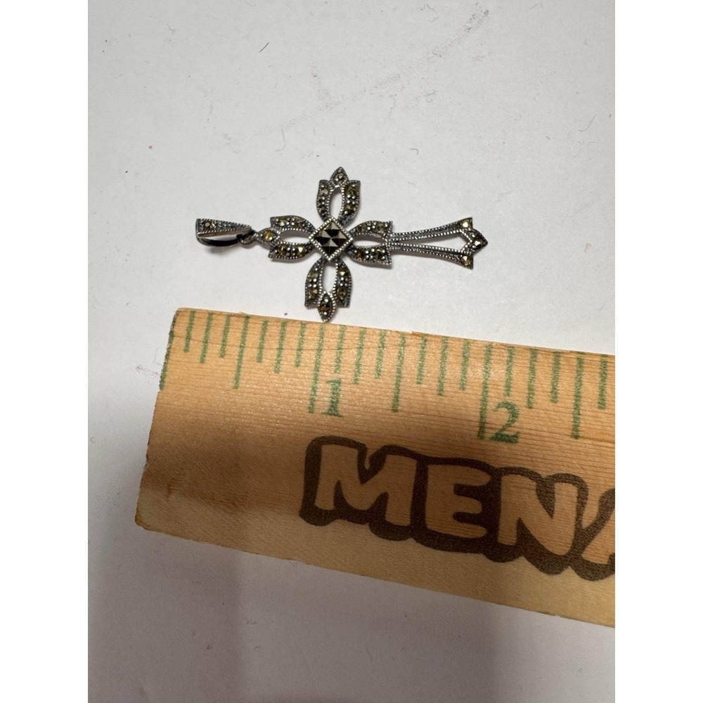 VTG 925 Sterling Silver Y2K Marcesite Whimsigoth Cross Pendant 18" Necklace - Picture 5 of 7